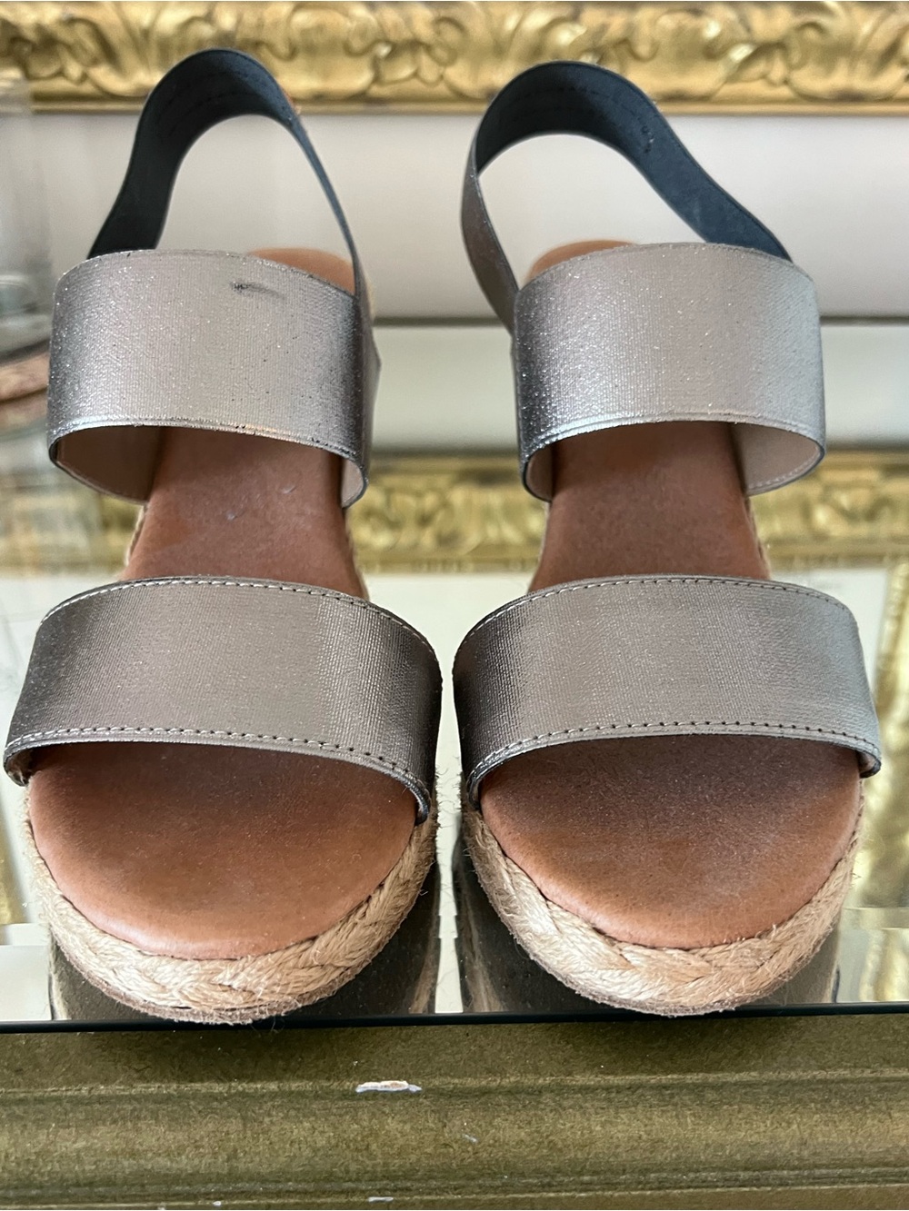 Size 8 Metallic Silver Womens Espadrille Wedge Sandals